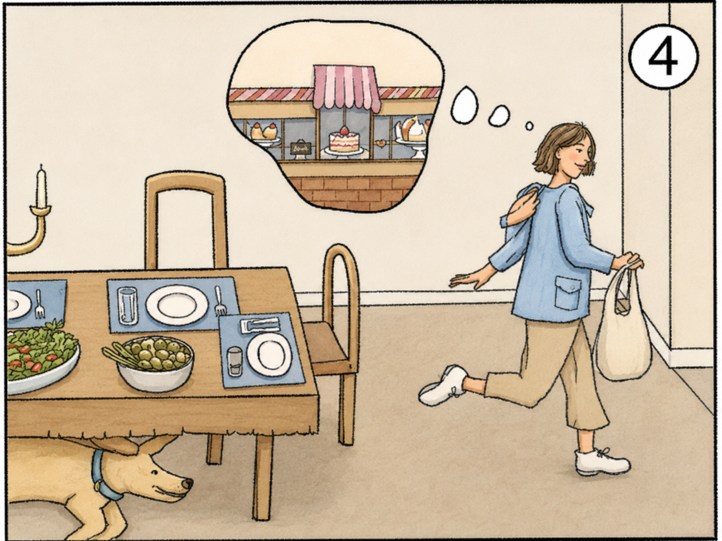 Frau beim Spaziergang mit Gedanken an ein Café